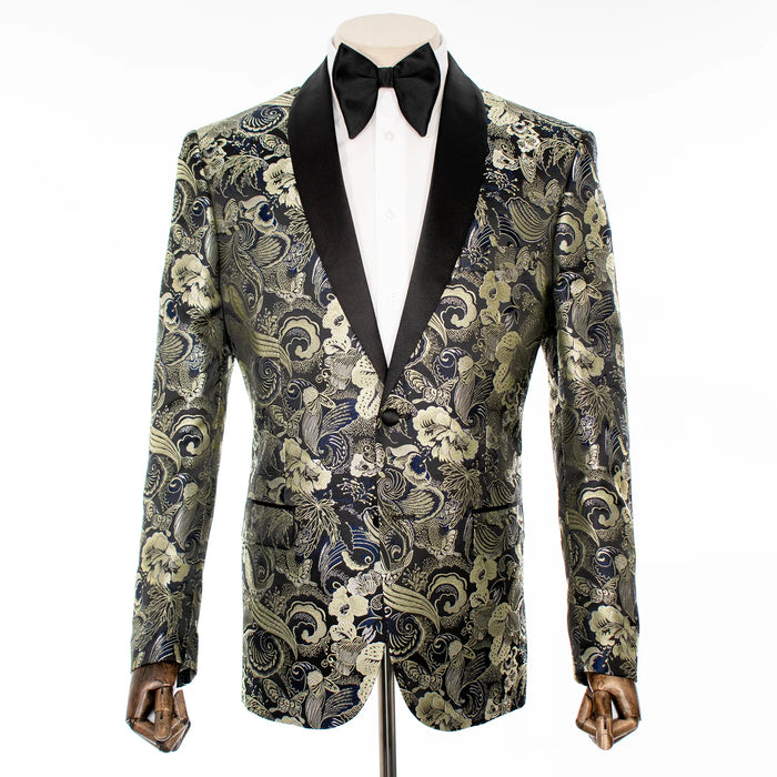 Gold Metallic Floral Slim-Fit Tuxedo Jacket