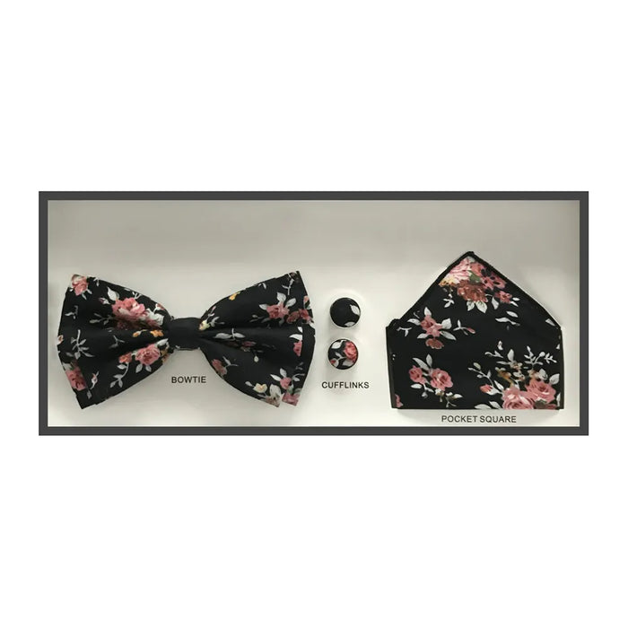 3-Piece Pink Floral Pattern on Black Bow Tie Set
