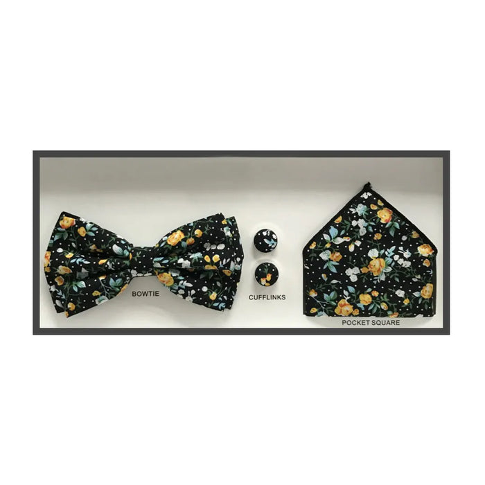 3-Piece Black Floral Bow Tie Set