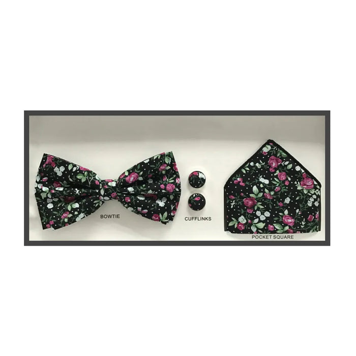 3-Piece Black Floral Bow Tie Set