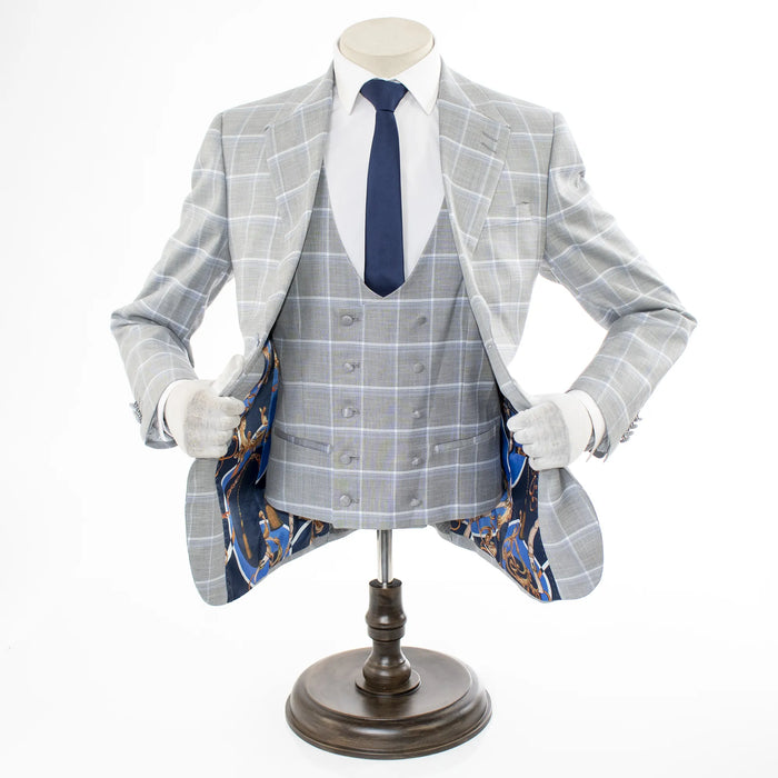Gray Plaid 3-Piece Modern-Fit Suit With Peak Lapels