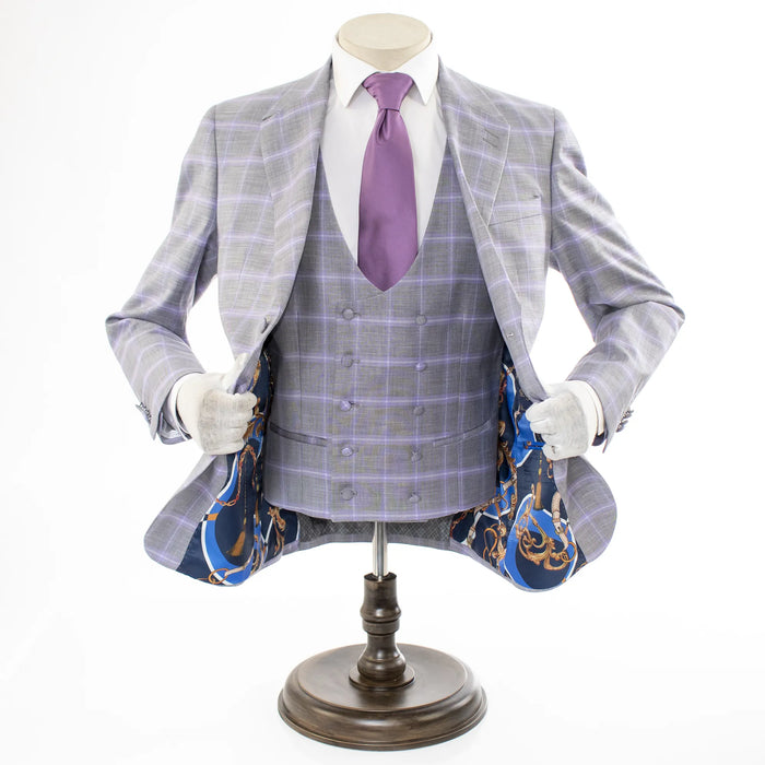 Ash Plaid 3-Piece Modern-Fit Suit With Peak Lapels