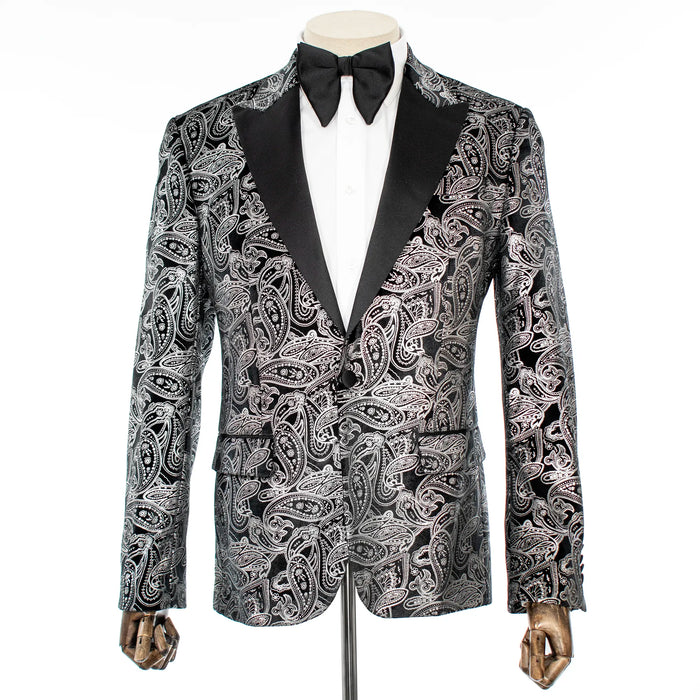 Black and Metalic Silver Paisley Slim-Fit Tuxedo Jacket