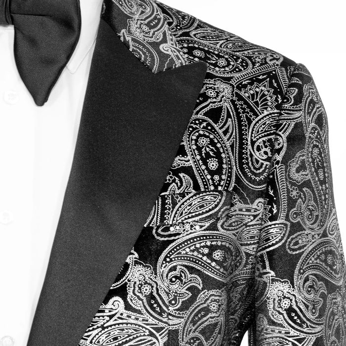 Black and Metalic Silver Paisley Slim-Fit Tuxedo Jacket