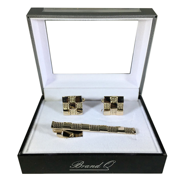 Rhinestone and Black Checkered Cufflink Tie-Bar Set