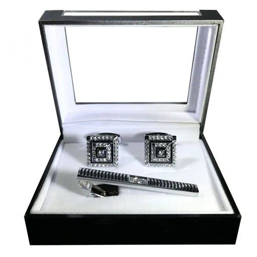 Raised Square Rhinestone Encrusted Cufflink Tie-Bar Set