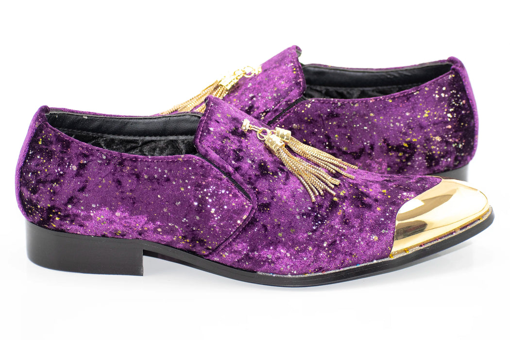 Purple Velvet and Gold Flake Tasseled Smoking Loafer