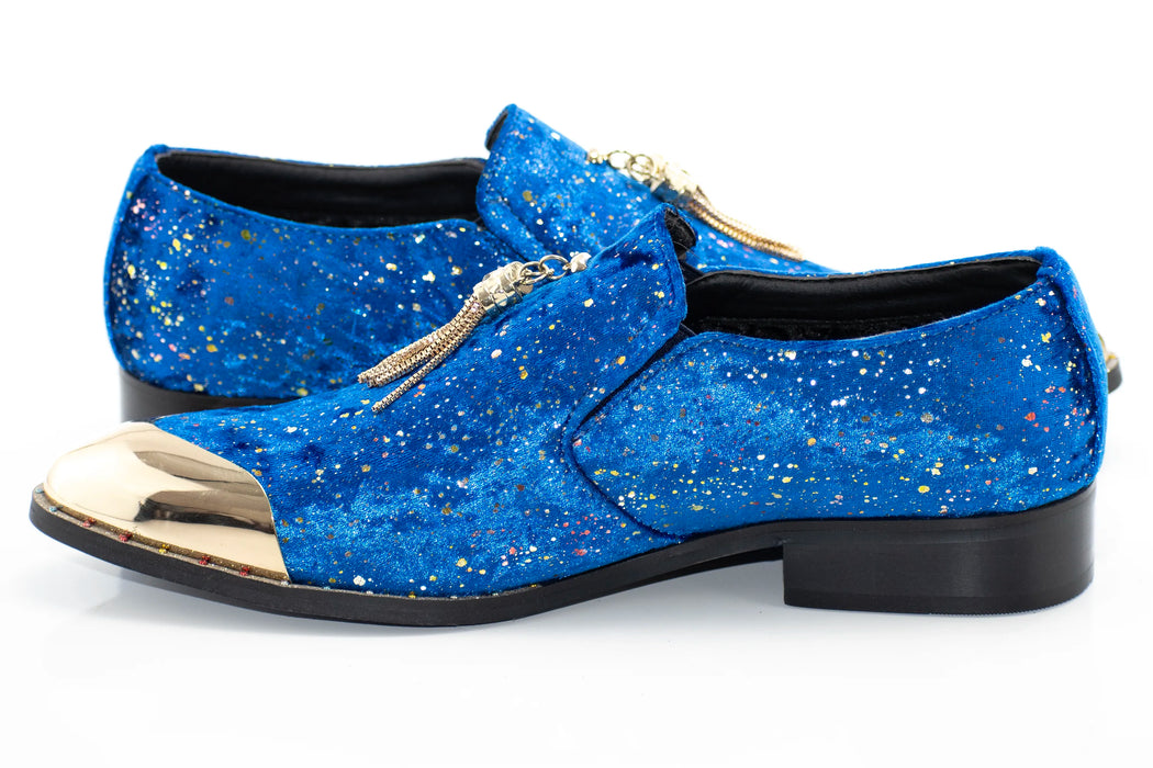 Royal Blue Velvet and Gold Flake Tasseled Smoking Loafer