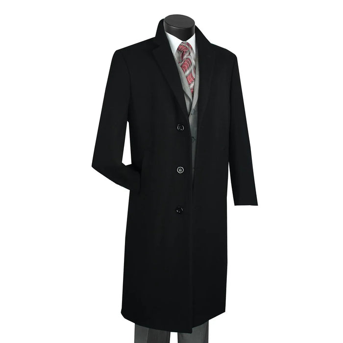 Men's Black Full Length 48-Inch Tailored-Fit Wool Top Coat