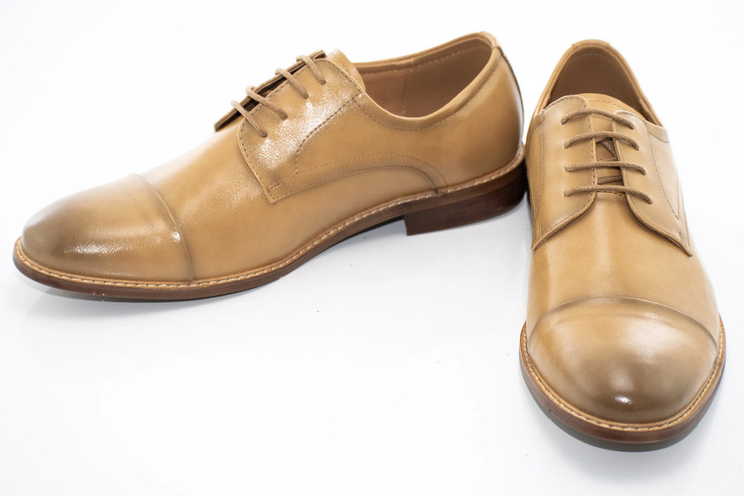 Camel Cap-Toe Lace-Up Derby Dress Shoes