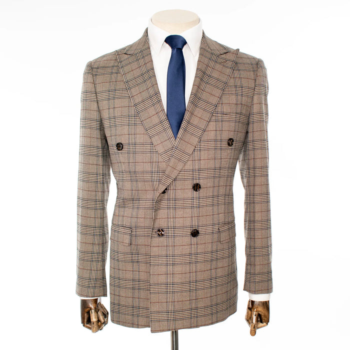 Taupe Plaid Double-Breasted 2-Piece Slim-Fit Suit