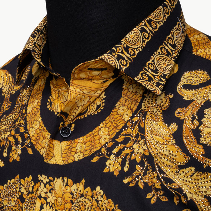 Black and Gold Rhinestone Mandala Slim-Fit Fashion Shirt