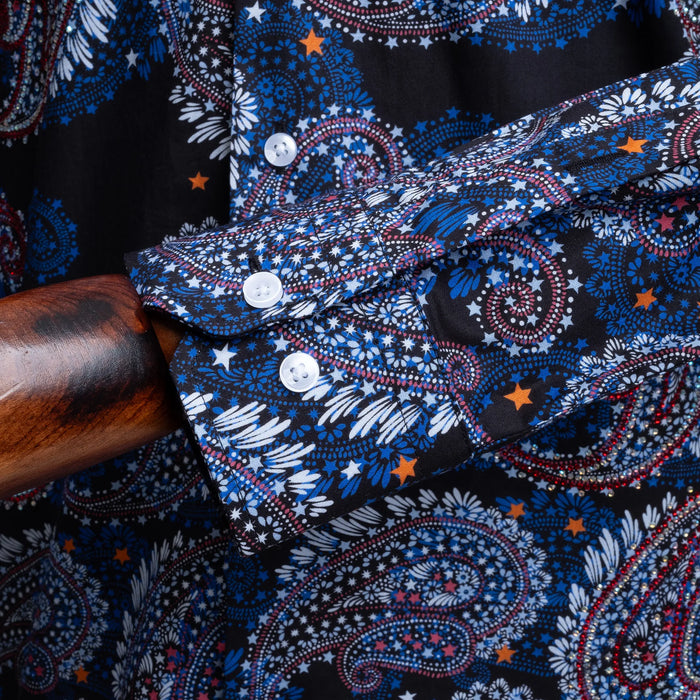 Black and Blue Paisley Slim-Fit Fashion Shirt