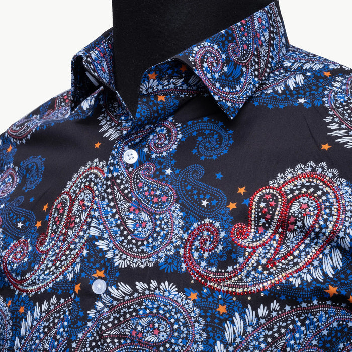 Black and Blue Paisley Slim-Fit Fashion Shirt