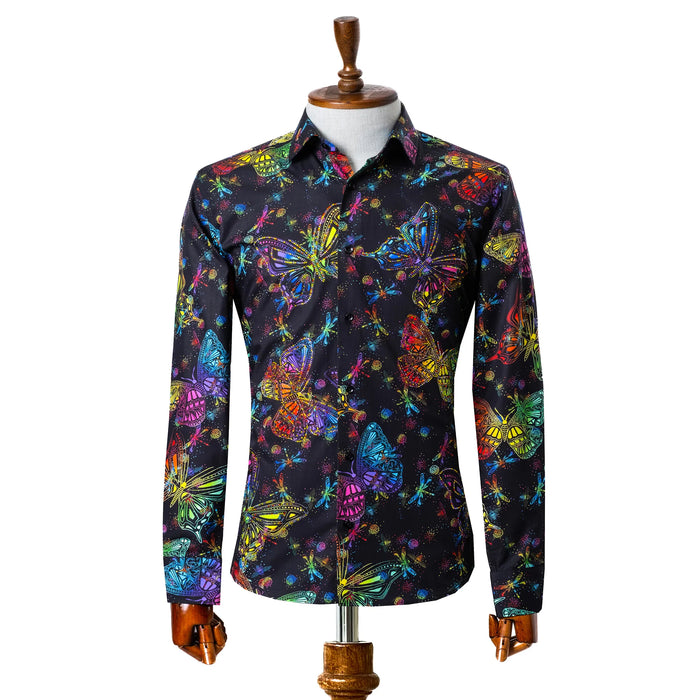 Multicolored Butterflies Black Slim-Fit Fashion Shirt