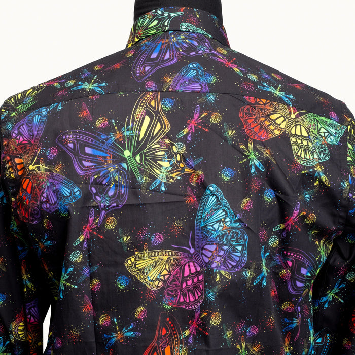 Multicolored Butterflies Black Slim-Fit Fashion Shirt