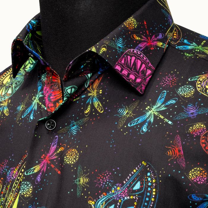 Multicolored Butterflies Black Slim-Fit Fashion Shirt