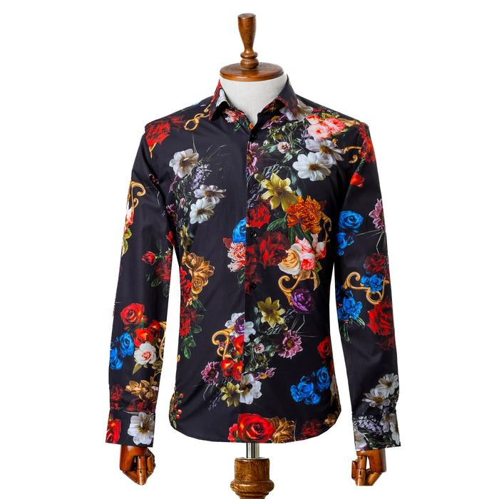 Black Floral Slim-Fit Fashion Shirt