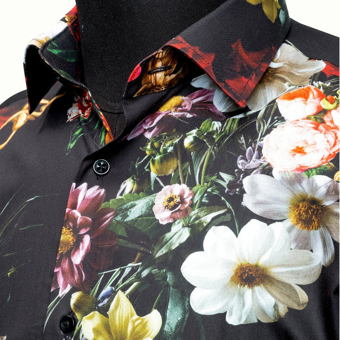 Black Floral Slim-Fit Fashion Shirt