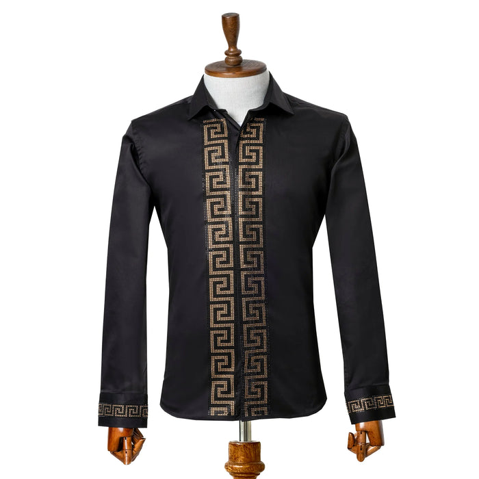 Black Gold Grecian Rhinestone Slim-Fit Fashion Shirt