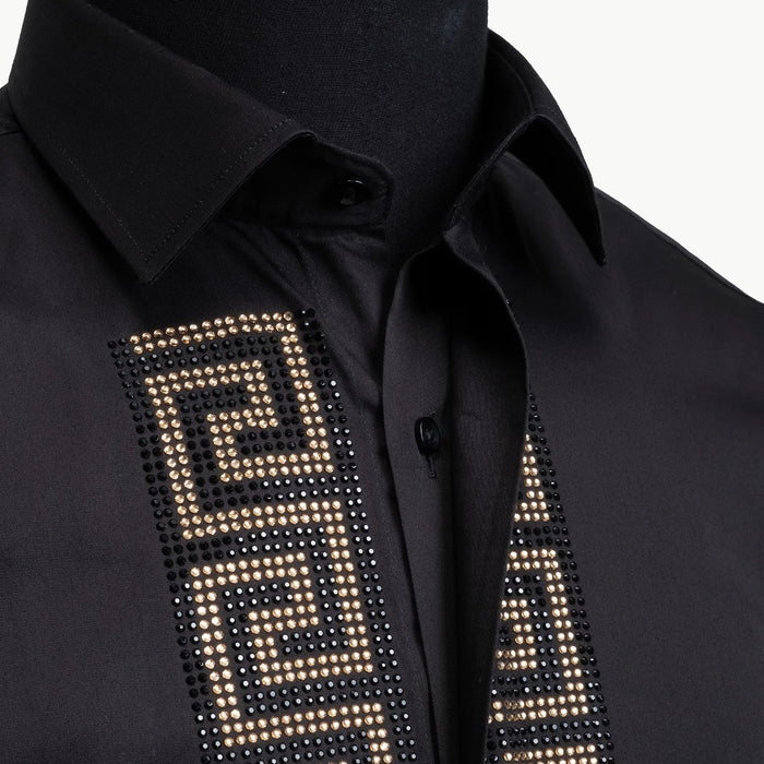 Black Gold Grecian Rhinestone Slim-Fit Fashion Shirt