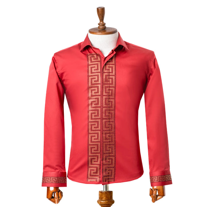 Red Gold Grecian Rhinestone Slim-Fit Fashion Shirt