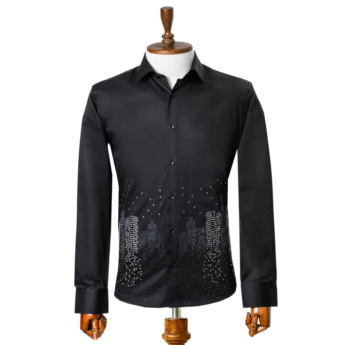 Black Rhinestone Skyline Slim-Fit Fashion Shirt