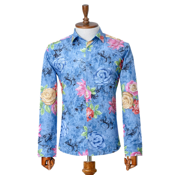 Sky Blue Floral Rhinestone Slim-Fit Fashion Shirt