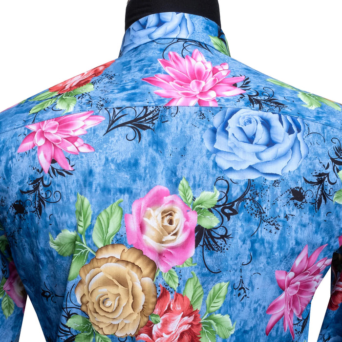 Sky Blue Floral Rhinestone Slim-Fit Fashion Shirt