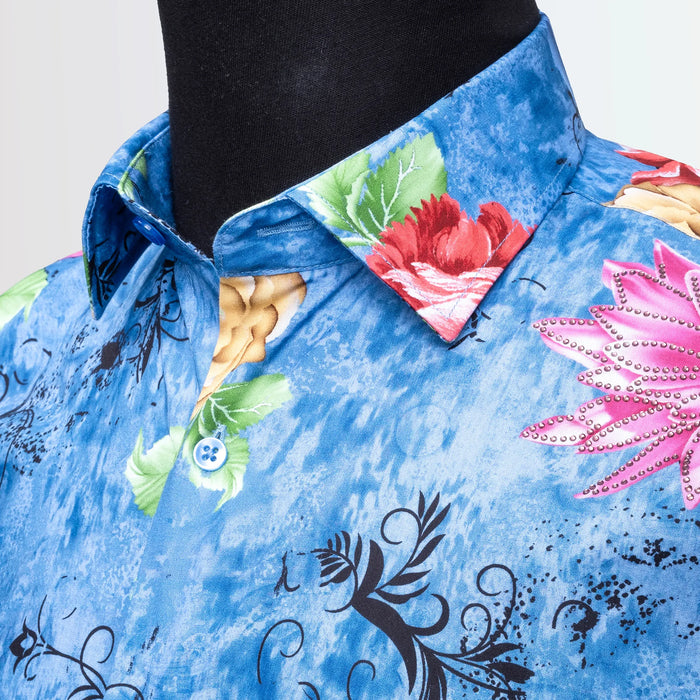 Sky Blue Floral Rhinestone Slim-Fit Fashion Shirt