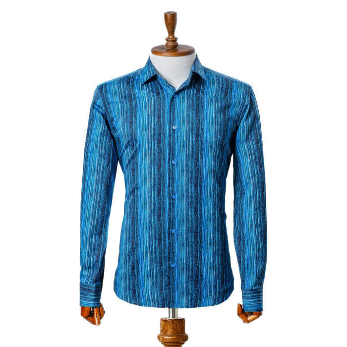 Blue Geometric Satin Slim-Fit Fashion Shirt