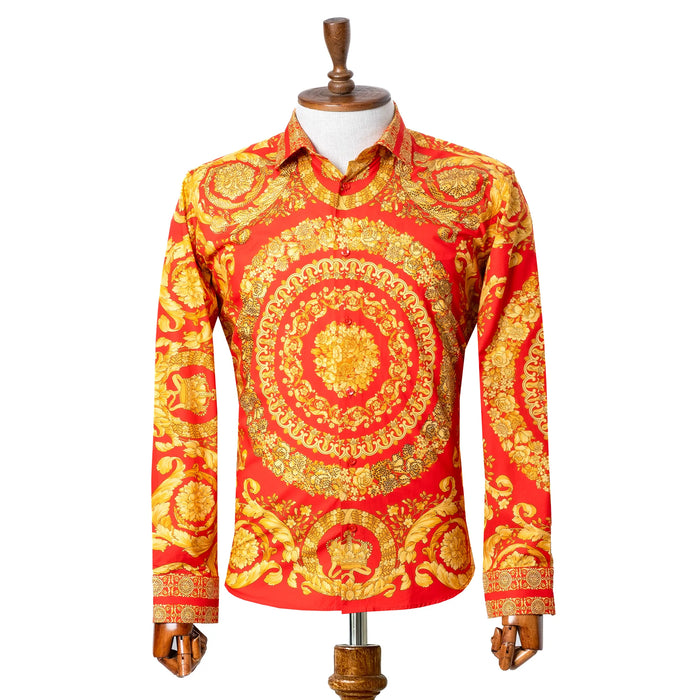 Red and Gold Mandala Satin Slim-Fit Fashion Shirt