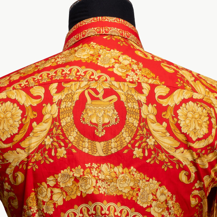 Red and Gold Mandala Satin Slim-Fit Fashion Shirt