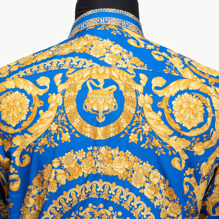 Royal Blue and Gold Mandala Satin Slim-Fit Fashion Shirt