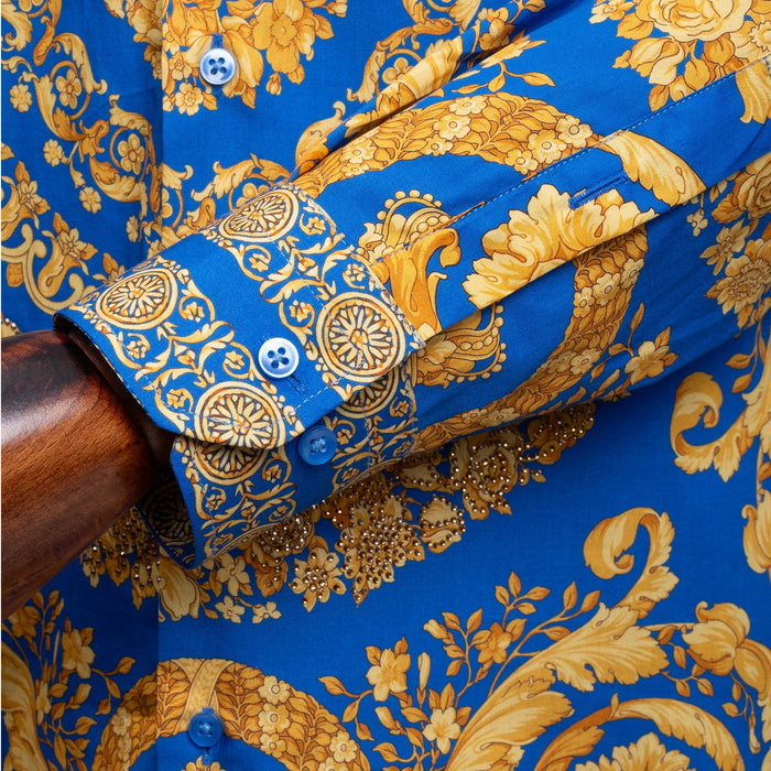 Royal Blue and Gold Mandala Satin Slim-Fit Fashion Shirt