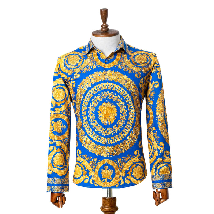 Royal Blue and Gold Mandala Satin Slim-Fit Fashion Shirt