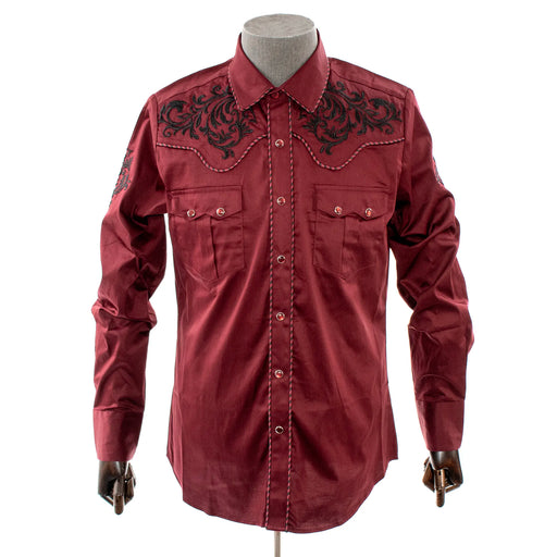 Men's Burgundy And Black Western Style Cowboy Dress Shirt