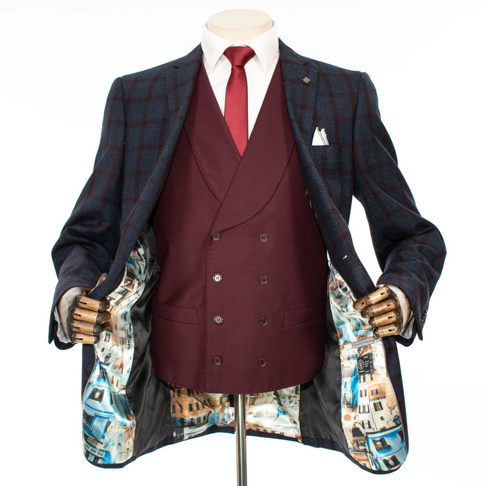 Navy and Burgundy Windowpane Check 3-Piece Tailored-Fit Suit