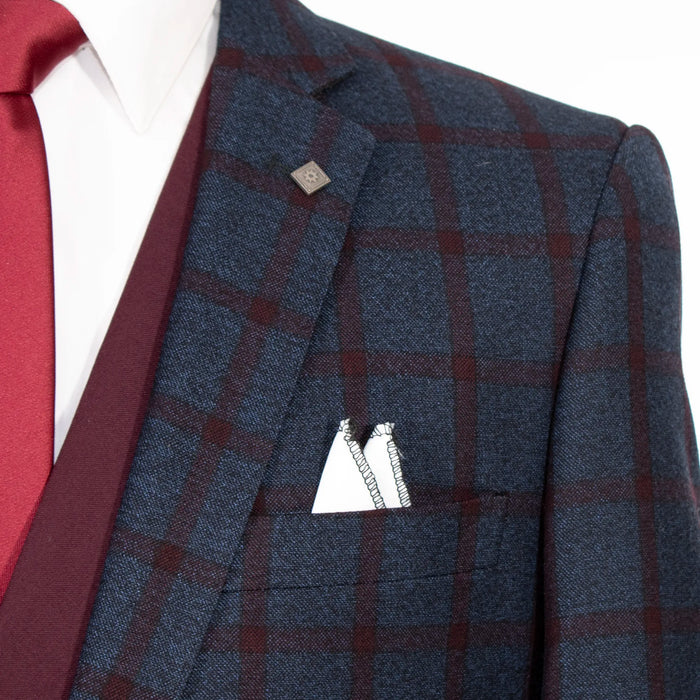 Navy and Burgundy Windowpane Check 3-Piece Tailored-Fit Suit
