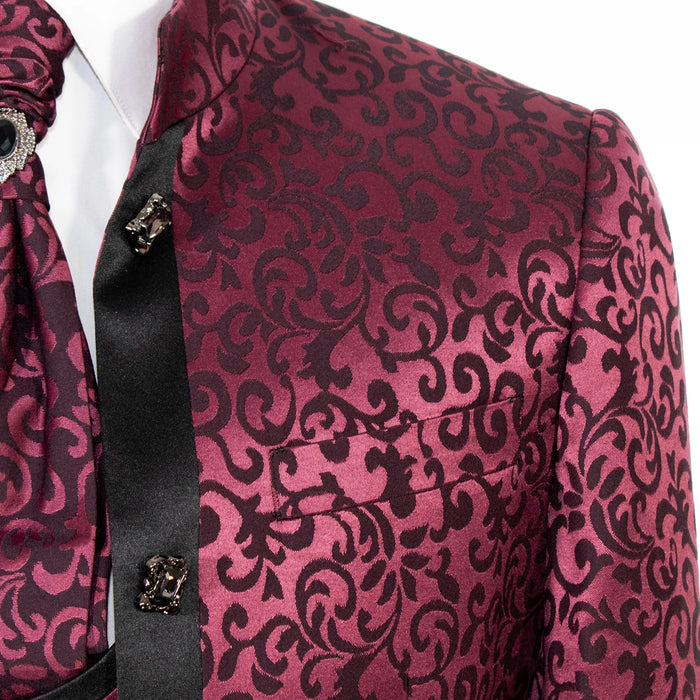 Wine Filigree 3-Piece Slim-Fit Tuxedo with Banded Collar