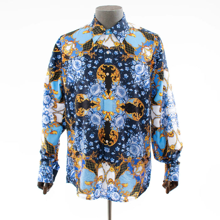 Blue Floral Kaleidoscope Rhinestone Regular-Fit Dress Shirt