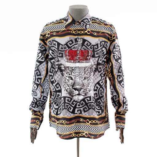 Men's Black And White Crown Leopard Rhinestone Dress Shirt