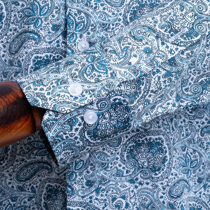 Blue and White Paisley Satin Slim-Fit Fashion Shirt