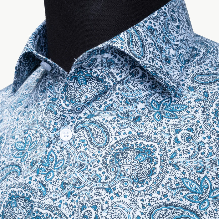 Blue and White Paisley Satin Slim-Fit Fashion Shirt