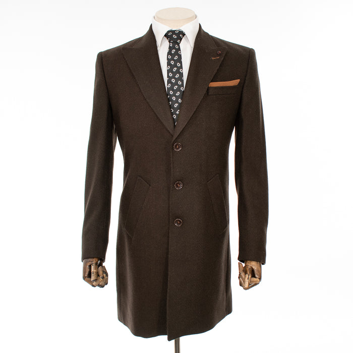 Solid Brown Herringbone Slim-Fit Overcoat