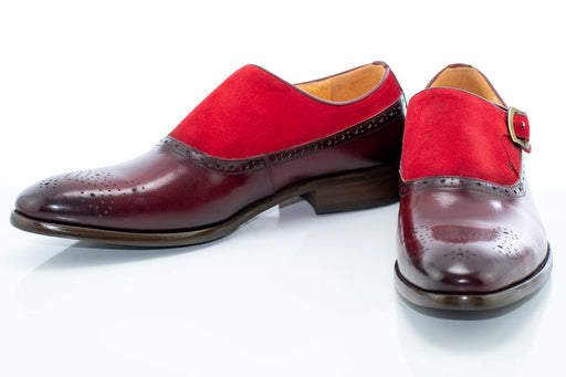 Burgundy Suede and Leather Brogue Monk Strap Loafer