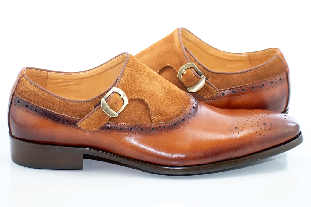 Cognac Suede and Leather Brogue Monk Strap Loafer
