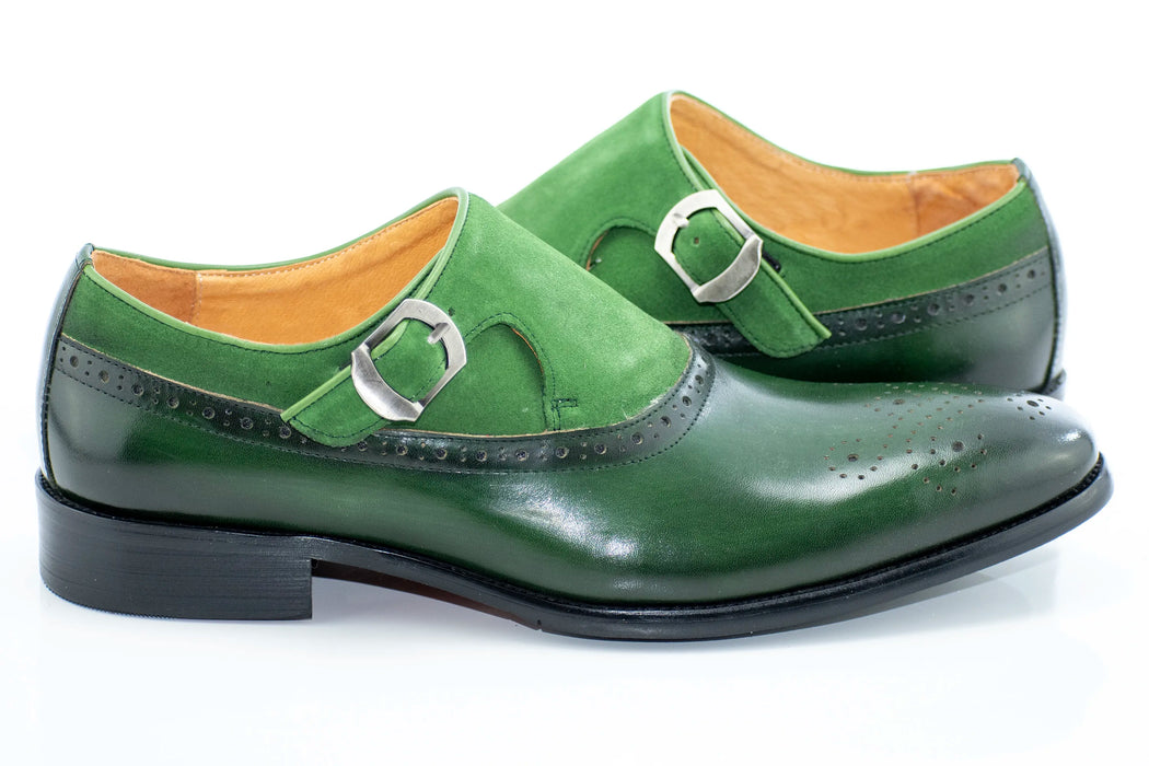Emerald Green Suede and Leather Brogue Monk Strap Loafer