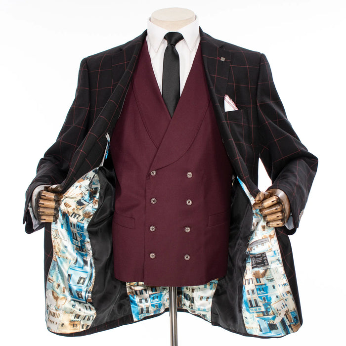 Black and Burgundy Windowpane Check 3-Piece Modern-Fit Suit