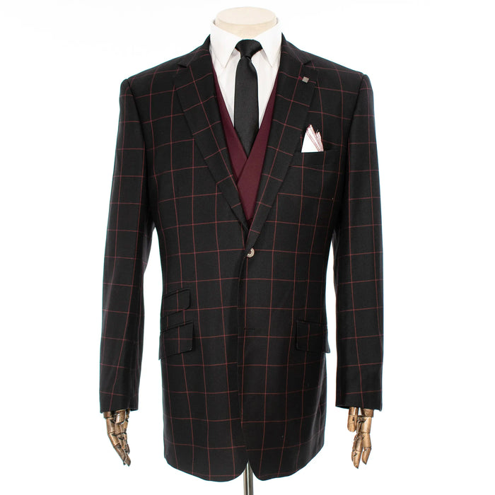 Black and Burgundy Windowpane Check 3-Piece Modern-Fit Suit